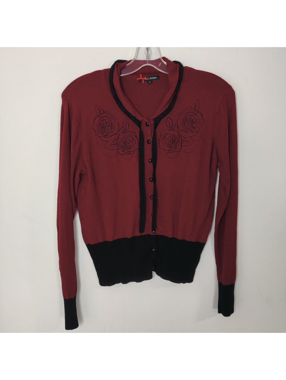 Hell Bunny Dark Red Embroidered Rose Rockabilly Goth Knit Cardigan Sweater Large